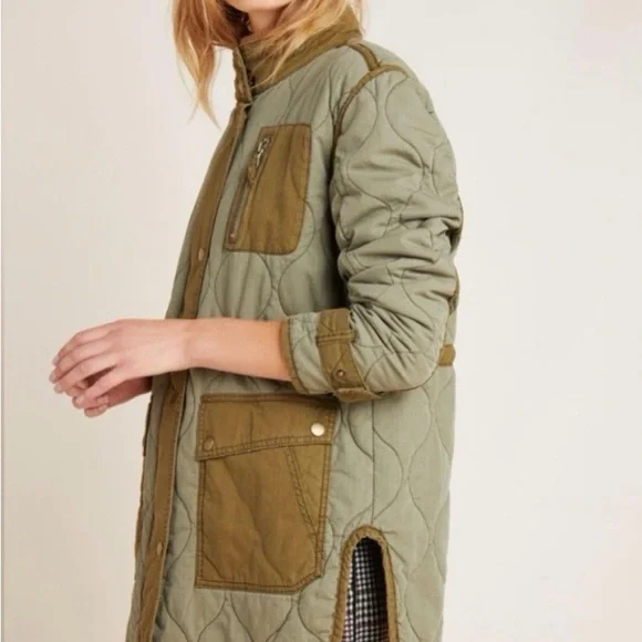 Anthropologie Olive Quilted Long Puffer Coat with Contrast Trim - Picture 5 of 8